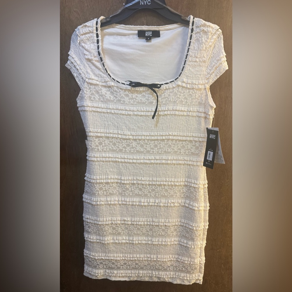 NYC Cream Textured Scoop-Neck Mini Dress with Black Trim